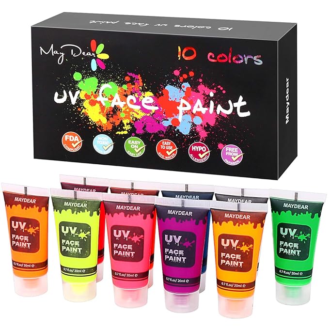 Maydear 10 Colors UV Face Body Paint Set, Fluorescent Glow Blacklight Neon Liquid Face Paint - Perfect for Halloween, Carnivals, and Parties - 0.7 FL OZ. Each