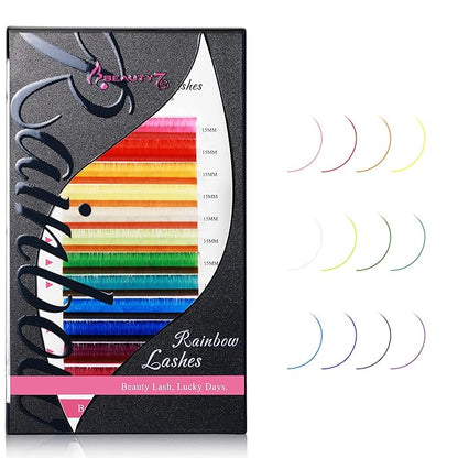 Beauty7 Colored Lash Extensions Rainbow Classic D+ Curl 0.05mm Thickness 15mm Dramatic Eyelashes Ombre 12 Colors