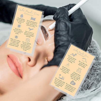 Ombre Powder Brow Aftercare Instructions Cards | Package of 50 | Double Sided Size 2x3.5" inches Business Card | Tan with Silver Glitter Look Design