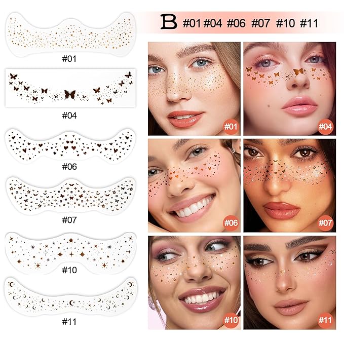 6pcs Gold Face Makeup Patches, Glitter Face Freckles,Waterproof Face Glitter Speckles Patches,Sliver Fake Freckle for Party Makeup