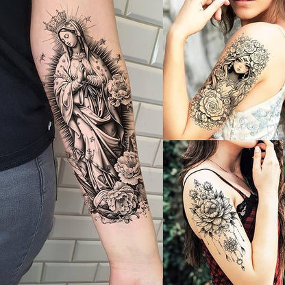 75 Sheets Black Realistic 3D Rose Flowers Temporary Tattoos For Women Girls Adults, Guadalupe Virgin Mary Lotus Snake Peony Florals Blossom Fake Tattoo Stickers Forearm Lion Fox Spider Web Skull Lotus