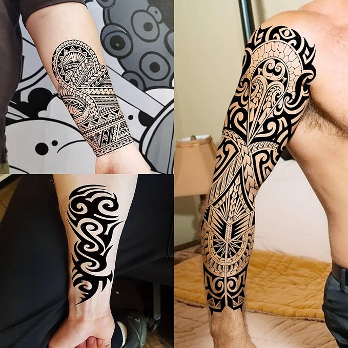 20 Sheets Maori Full Arm Sleeve Temporary Tattoos For Men Women Thigh, Fake Tattoo Sleeve For Adults, Tribal Indian Long Lasting Halloween Black Turtle Maori Tattoo Stickers Faith Belief Totem Armband