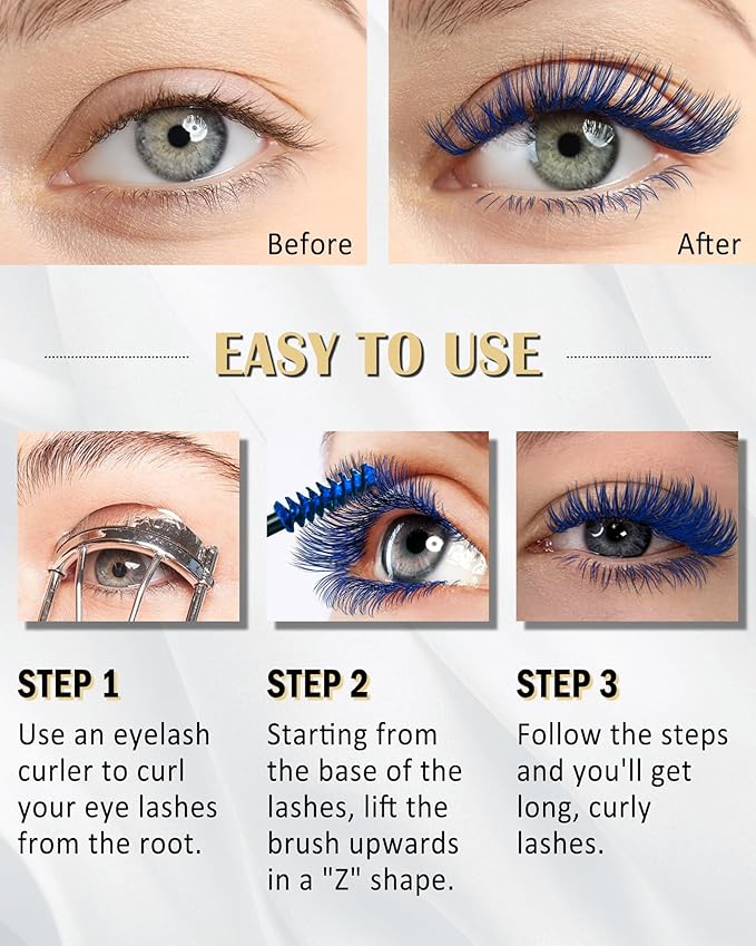 3 Colors Waterproof Mascara Set -Blue Green Purple Colored Mascara for Eyelashes, Long Lasting Curling Tube Máscara Volume and Length, High Pigment Lash Colorful Makeup for Cosplay Party-B