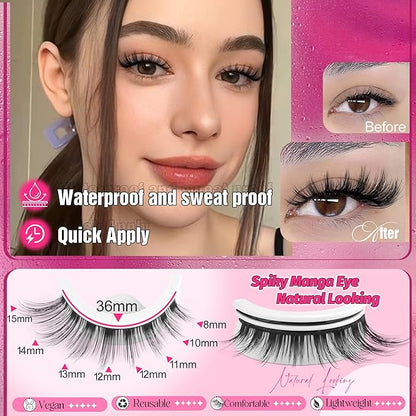 Self Adhesive Lashes Manga Lashes Natural Look Press On Lashes No Glue Needed Reusable Self Adhesive Eyelashes without Eyeliner Clear Band Anime Lashes Short 8-15mm Cat Eye Pre Glued Strip Lashes