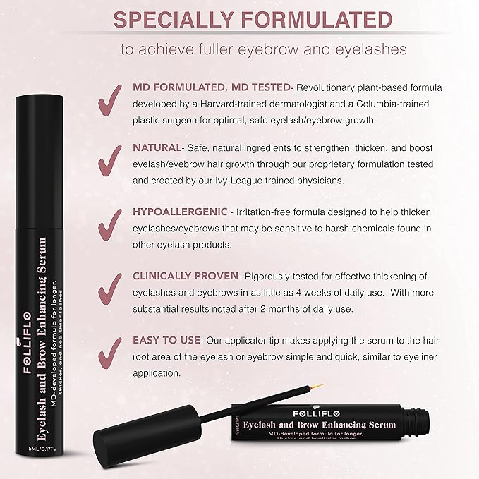 Folliflo by CELL ACCEL Eyelash & Brow Enhancing Serum with Castor Oil & Panax Ginseng - Hair Growth Formula for Longer, Thicker & Healthier Lashes - Developed by a Harvard-Trained Dermatologist