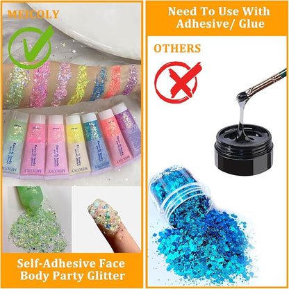 MEICOLY Chameleon Lime Green Body Glitter,Chunky Face Glitter for Halloween,Color Changing Mermaid Face Glitter Gel,Holographic Glitter Sequin for Face Body Hair,Festival Party Cheer Glitter Makeup