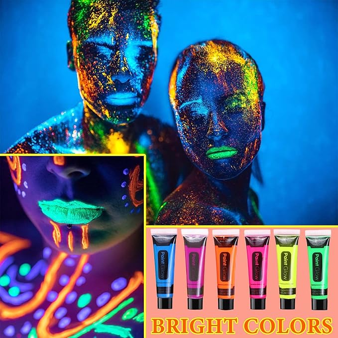 12 PCS Glow Body Paint Set,Glow in Dark Face Glitter Paint Body Glow Powder Neon Party Supplies Facial Highlighter Kits for Adults&Kids,Body Makeup