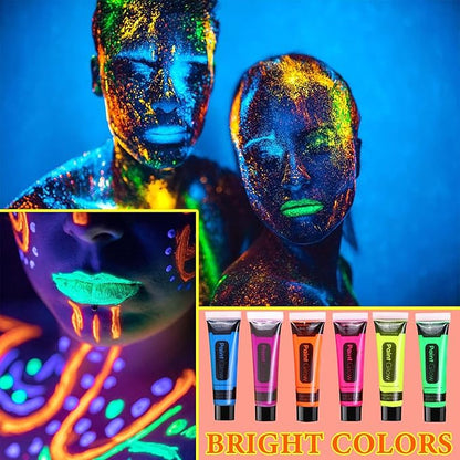 12 PCS Glow Body Paint Set,Glow in Dark Face Glitter Paint Body Glow Powder Neon Party Supplies Facial Highlighter Kits for Adults&Kids,Body Makeup