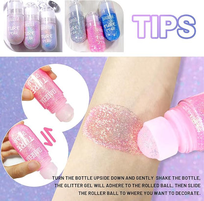 DAGEDA 2Colors Roll-on Body Glitter Gel for Body, Hair, Face, Holographic Glitter Makeup for Rave Accessories, Body Shimmer Hair Glitter Gel for Halloween Makeup(Dazzle + Sprakling Pink)