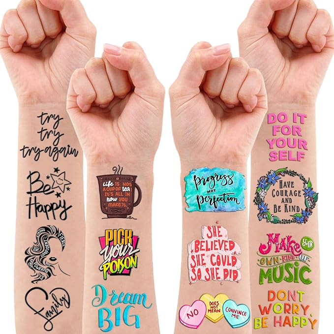96 PCS Motivational Inspirational Quote Pre-Cut Temporary Tattoos for Kids Birthday Party Decorations Supplies Decor Favors Super Cute Positive Affirmation Tattoo Stickers Gifts For Boys Girls Rewards