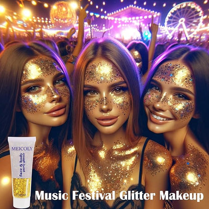 MEICOLY Gold Body Glitter,Yellow Face Glitter,Music Festival Accessories Outfits for Women,Mermaid Sequins Hair Glitter Makeup,Sparkle Face Body Glitter for Country Concert,Mardi Gras Accessories