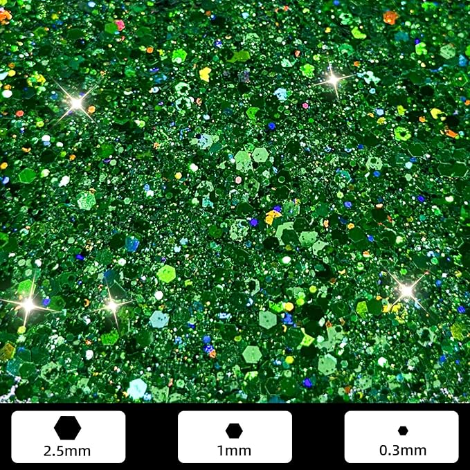 GlimmerLife Green Chunky Glitter 150G/5.29OZ Glitter, Holographic Chunky Glitter Sequin Flake Bulk, Craft Glitter for Resin, Nail, Face, Body, St. Patrick's Day Decorations, Epoxy Tumblers