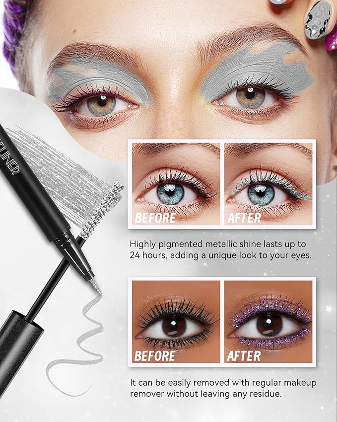 Sliver Mascara and Eyeliner Set,5D Silk Fiber Lash Extension Colored Tube Mascara Volume and Length,Waterproof Glitter Eyeliner Liquid,Long Lasting Smudge-Proof Eye Makeup Kit-Pink