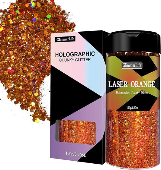 GlimmerLife Chunky Glitter 150G/5.29OZ Glitter, Holographic Craft Glitter for Resin, Mixed Chunky Fine Glitter for Nail, Face, Eye, Hair, Sequin Flake Bulk for Halloween Decorations