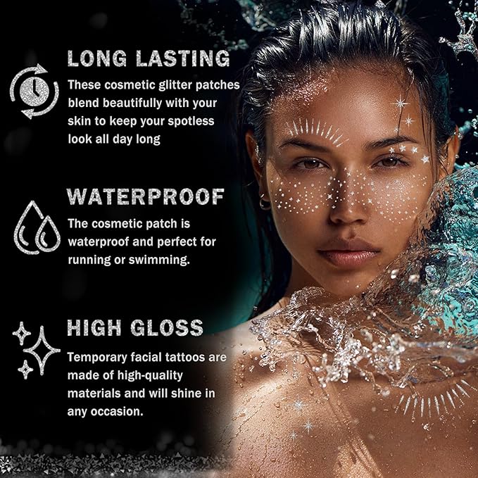 20 Sheets Glitter Freckles Face Tattoo Silver Glitter Freckles Temporary Face Tattoos Makeup Patches,Face Glitter Patches,Face Glitter Freckles Tattoos for Women