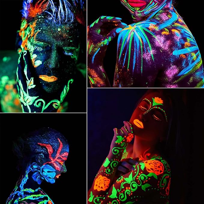 12 PCS Glow Body Paint Set,Glow in Dark Face Glitter Paint Body Glow Powder Neon Party Supplies Facial Highlighter Kits for Adults&Kids,Body Makeup
