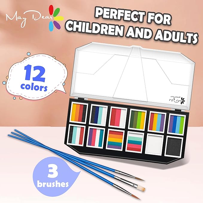 Maydear Face Painting Kit for Kids Adults, 12×10gm Professional Makeup Split Cake Palette, Safe and Non-Toxic Water Based Rainbow Face Body Paint Set with Stencils for Parties, Halloween, Christmas