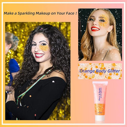MEICOLY Orange Body Glitter,Sparkling Face Glitter Gel,Mermaid Sequins Face Paint Glitter Autumn Makeup,Eye Hair Chunky Festival Rave Accessories Makeup,Party Body Glitter Gel for Women Kids,50ml