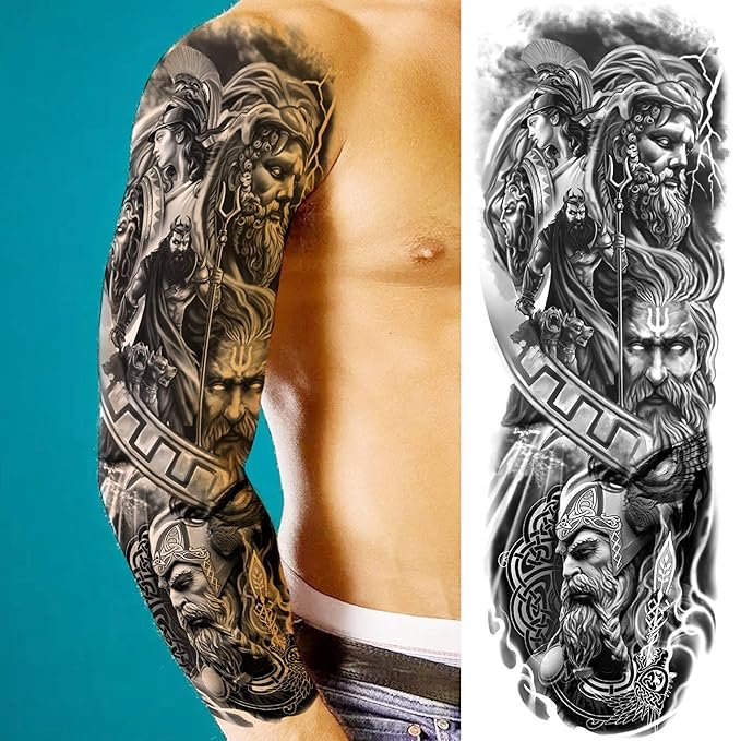 20 Sheets Full Arm Sleeve Temporary Tattoos For Men Women Thigh, Zeus God Lion Eagle Tiger Fake Tattoo Sleeve For Adults, Long Lasting Halloween Black Dragon Maori Tattoo Stickers Compass Rose Flower
