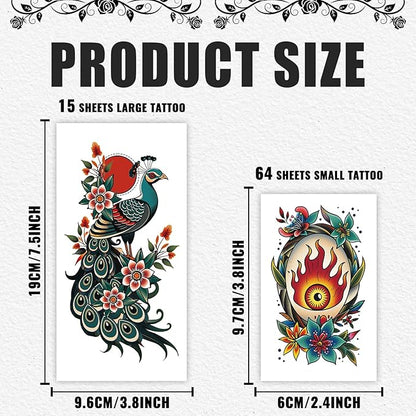 Cerlaza 79 Sheets Classic Temporary Tattoos for Adult Women Men, American Old School Fake Tattoos Sleeve, Realistic Traditional Colorful Flower Animal Half Arm/Tiny Tattoo Stickers