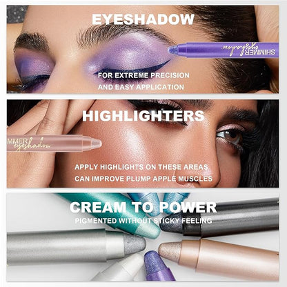 Silvery Eyeshadow Stick Makeup, Highlighter Cream Brightener Eye Shadow Pencil, Waterpoof Long Lasting Shimmer Eyeliner, Glitter Primer Palette Crayon