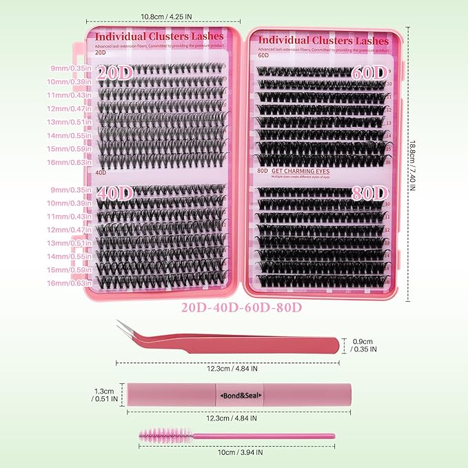 Lash Extension Kit DIY Lash Clusters Kit 624pcs Cluster Lashes Eyelash Extension Kit Individual Lashes with Lash Bond and Seal,Lash Tweezers,Mascara Brush(624pcs 20D+40D+60D+80D Kit,9-16mm)