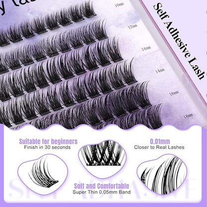 Self Adhesive Eyelashes Kit DIY Eyelash Extension Reusable Adhesive Eyelashes Press On Falsies No Glue No Remover Needed Self Stick Cluster Lashes and Tweezers(C02-0.07D Kit,10-18mm)