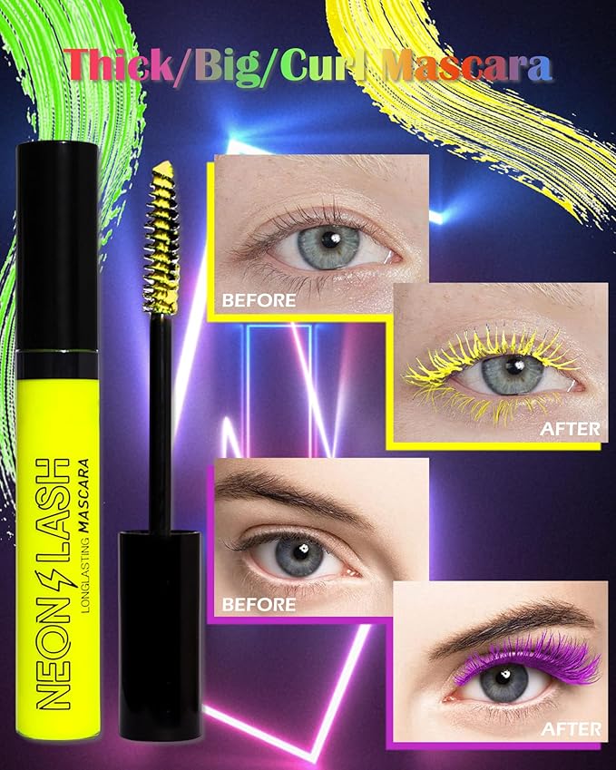 UV Glow Colored Mascara Volume and Length-1 Pcs Green Waterproof Mascara for Eyelashes, Fast Dry Curling Non Clumping Mascara,Long Lasting for St Patrick's day Party,Stage Use,Clubbing Makeup-02