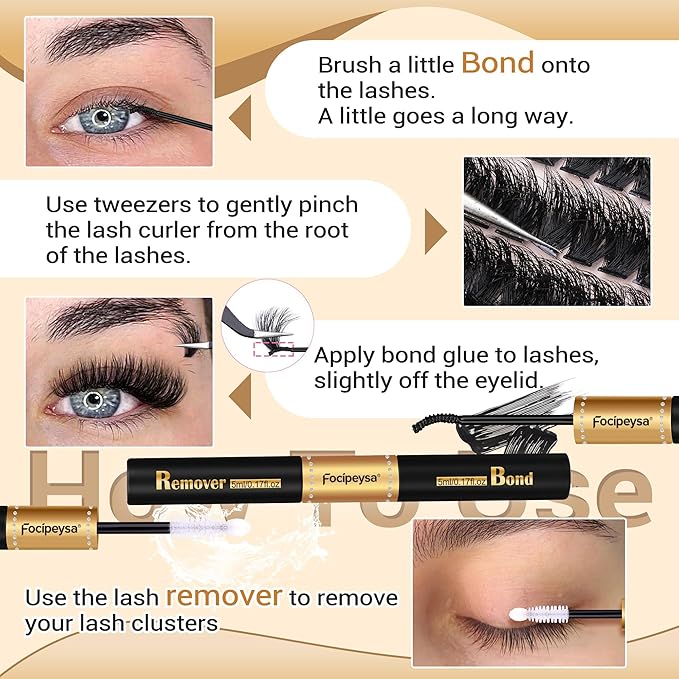 Focipeysa Eyelash Extension Kit, 200pcs 80D Mink Fur False Eyelashes, 10-18mm DIY Lash Clusters, Matte Black, Vegan, Cruelty Free, Includes Lash Bond & Remover, Tweezers