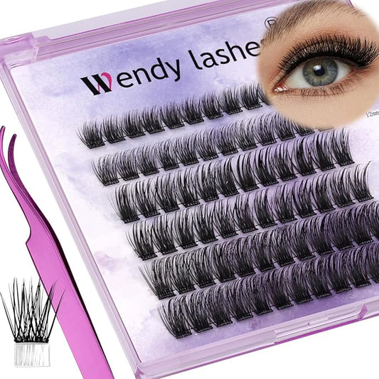 Self Adhesive Eyelashes Kit DIY Eyelash Extension Reusable Adhesive Eyelashes Press On Falsies No Glue No Remover Needed Self Stick Cluster Lashes and Tweezers(C02-0.07D Kit,10-18mm)