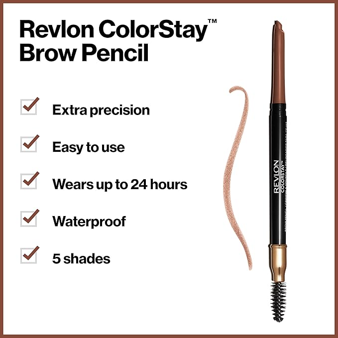 Revlon Eyebrow Pencil, Colorstay Eye Makeup with Eyebrow Spoolie, Waterproof, Longwearing Angled Precision Tip, 215 Auburn, 0.01 Oz