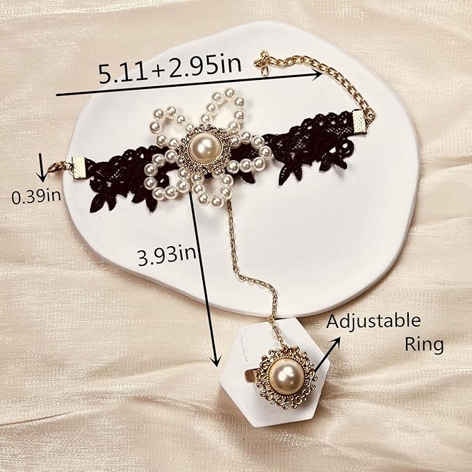 Gothic Pearl Lace Steampunk Wristband Vintage Pearl Pendant Tassel Lace Hand Chain with Finger Ring Lolita Lace Hand Accessories for Women and Girls (Style 8)