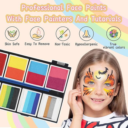 Professional Face Painting Kit for Kids,12X10gm Washable Rainbow Cake Face Paint with Stencil & Brushes,Hypoallergenic Safe & Non-Toxic,Gift for Birthday Parties/Halloween/Carnival