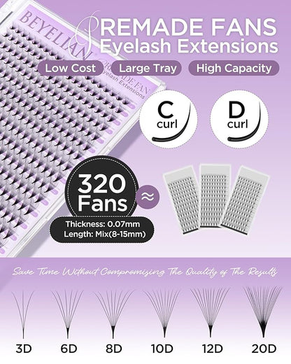 BEYELIAN Premade Lash Fans, 320 Fans Pre Made Fans Volume Lash Extensions 3D 6D 8D 10D 12D 20D 0.07 C/D Curl Save Time Eyelash Extensions for Professional Salon, 8-15mm MIX Easy to Use (20D-0.07-C)