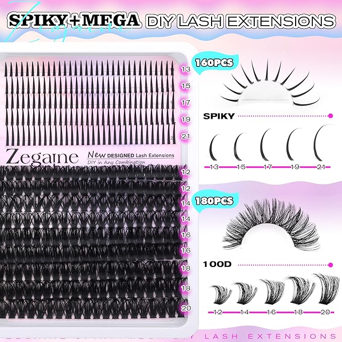 Thick Lash Clusters With Spikes 100D Long Mega Eyelash Clusters 20MM Spikes Individual Lashes 340Pcs Spikes Lash Clusters 13-21MM Volume Eyelash Extensions Wispy Lash Clusters 10-20MM by Zegaine