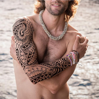 Totem Fake Tattoos Sleeve For Men Women, Full Arm Tribal Polynesian Temporary Tattoo Sleeves Adult, Large Black Hawaiian Viking Dragon Temp Tatoo Sticker Leg Body Art Makeup, 8-Sheet