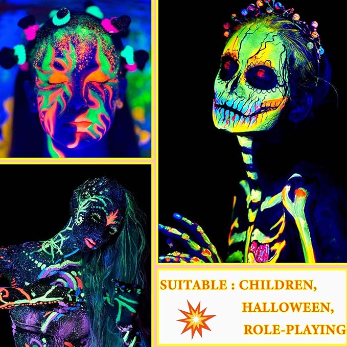 12 PCS Glow Body Paint Set,Glow in Dark Face Glitter Paint Body Glow Powder Neon Party Supplies Facial Highlighter Kits for Adults&Kids,Body Makeup