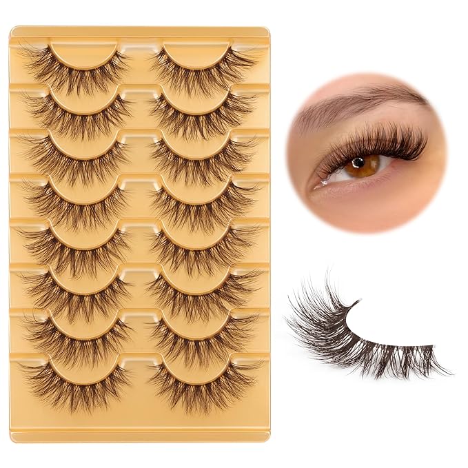 Brown Lashes Strip Natural Looking Cat Eye Eyelashes Wispy Fluffy Clear Band Pack 8 Pairs