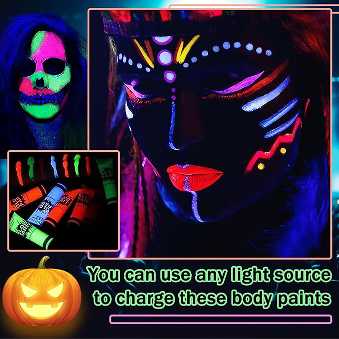 Glow in the Dark Face Body Paint,Blacklight Neon Halloween Face Paint,Neon Fluorescent Body Paint for Halloween Festivals Stage Christmas Party and Events,Set of 6 Tubes