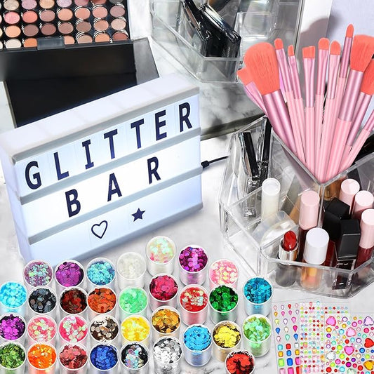 Maxdot The Glitter Bar Kit for Women Cinema Lightbox with Letters and Numbers 32 Colors Glitter Gem Stickers 2774pcs Gem Stickers Brushes for Girls Make Up Wedding Birthday Hen Holiday Party Gifts