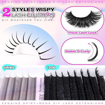 Thick Lash Clusters With Spikes 100D Long Mega Eyelash Clusters 20MM Spikes Individual Lashes 340Pcs Spikes Lash Clusters 13-21MM Volume Eyelash Extensions Wispy Lash Clusters 10-20MM by Zegaine