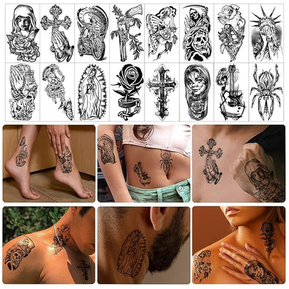 Chicano Temporary Tattoos Adult, Large Fake Tattoos Chicano Guadalupe Gangster Prisoner Day of the Dead, Lowrider Style Culture Mexico Clown Tattoo Stickers for Men Women, 77 Sheets