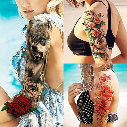 20 Sheets Sexy Rose Flower Full Arm Temporary Tattoos For Women Thigh, Lion Wolf Owl Fox Nun Girl Fake Tattoo Sleeve For Adults, Watercolor Floral Blossom Peacock Halloween Sleeve Tattoo Stickers