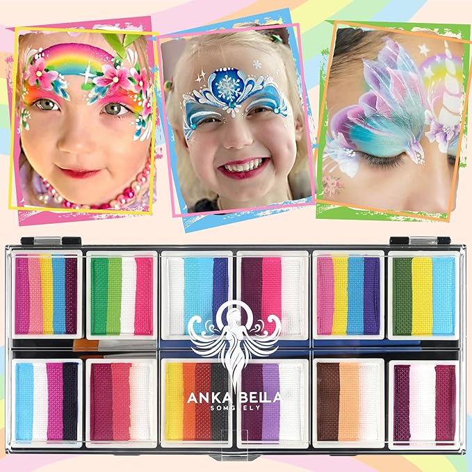 Professional Face Painting Kit for Kids,12X10gm Water Activated Rainbow Cake Face Paint with Stencil & Brushes,Hypoallergenic & Non-Toxic,Gift for Birthday Parties/Halloween/Carnival