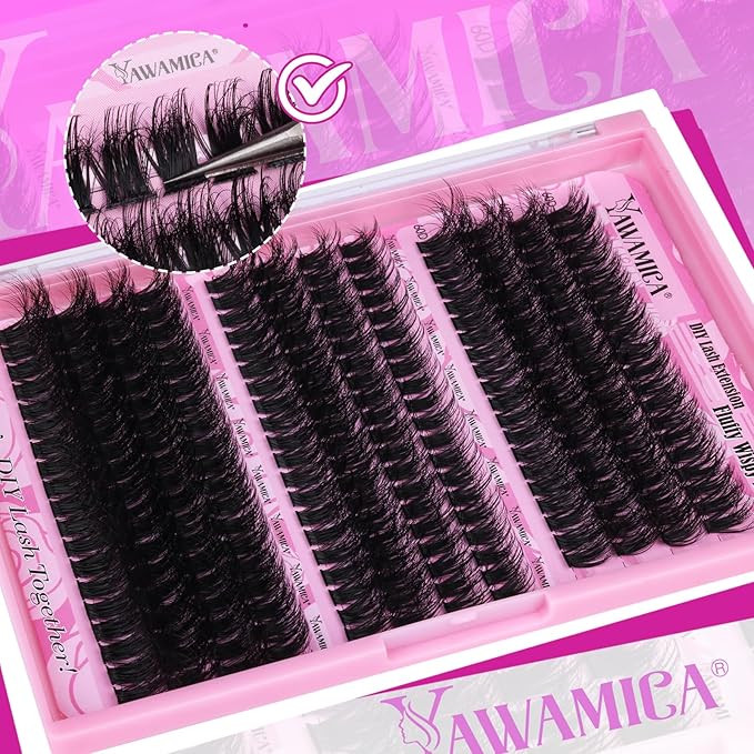 Yawamica Fluffier Eyelash Clusters Wispy Lash Extension 60D+80D+90D Thick Volume Individual Lashes 12-18mm Cluster Lashes D Curly Cluster Eyelash Extensions 240pcs DIY Lash by Self
