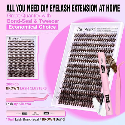 Pawotence Lash Extension Kit DIY 280pcs Brown Lash Clusters Eyelash Extension Kit 40D 9-16mm Individual Lashes Kit with Lash Bond and Seal Lash Tweezers for Self Use (Brown 40D, 9-16mm, Kit)