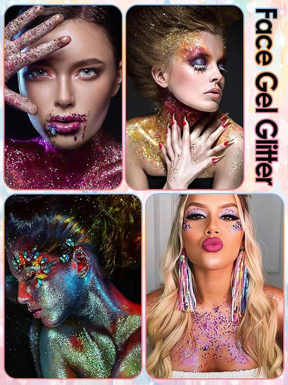 9Colors Face Body Glitter Gel, TOROKOM Sparkling Holographic Face Glitter Gel Mermaid Cosmetic Glitters Flakes Gel Long Lasting Chunky Glitter for Valentine's Day Party Rave Eye Lip Hair Nail Body
