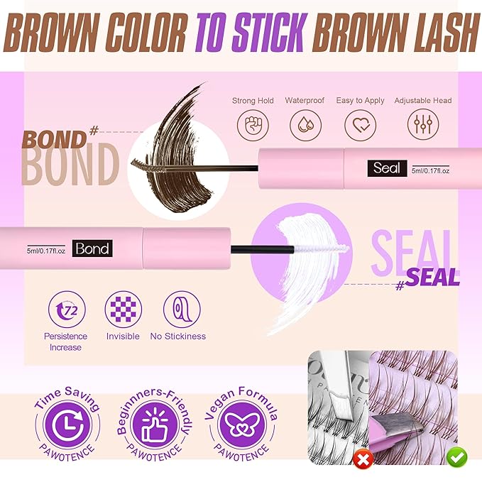 Pawotence Brown Lash Extension Kit Lash Clusters Wispy clear Band 10-12mm Individual Lashes Natural Brown Clusters Eyelash Extension Kit with Lash Bond and Seal, Lash Applicator for Self Use