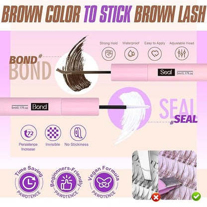 Pawotence Brown Lash Extension Kit Lash Clusters Wispy clear Band 10-12mm Individual Lashes Natural Brown Clusters Eyelash Extension Kit with Lash Bond and Seal, Lash Applicator for Self Use