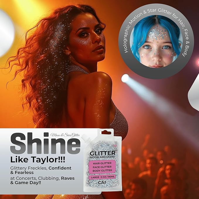 Hair Glitter Gel Body Glitter & Face Glitter for Women/Kids(2 Pk Red/Red) Chunky Iridescent Holograph Stars & Moon Cosmetic Grade Makeup Apply Without Glue Easy to Take Off & Keep Skin Clean